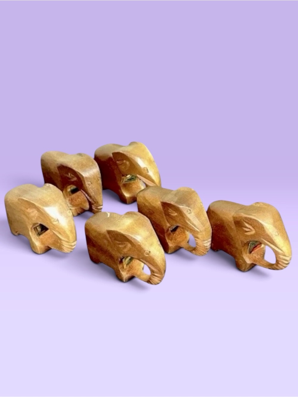 Carved Wooden Elephant Napkin Rings set of 6 Vintage Philippines